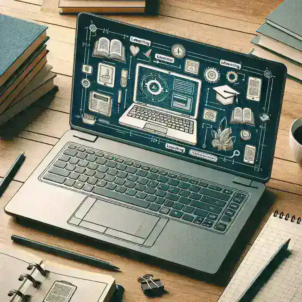 "Imagem de um laptop Lenovo ideal para estudantes, apresentando a tela com o aplicativo de e-learning pré-instalado, destacando a praticidade e eficiência para aprendizado online."
