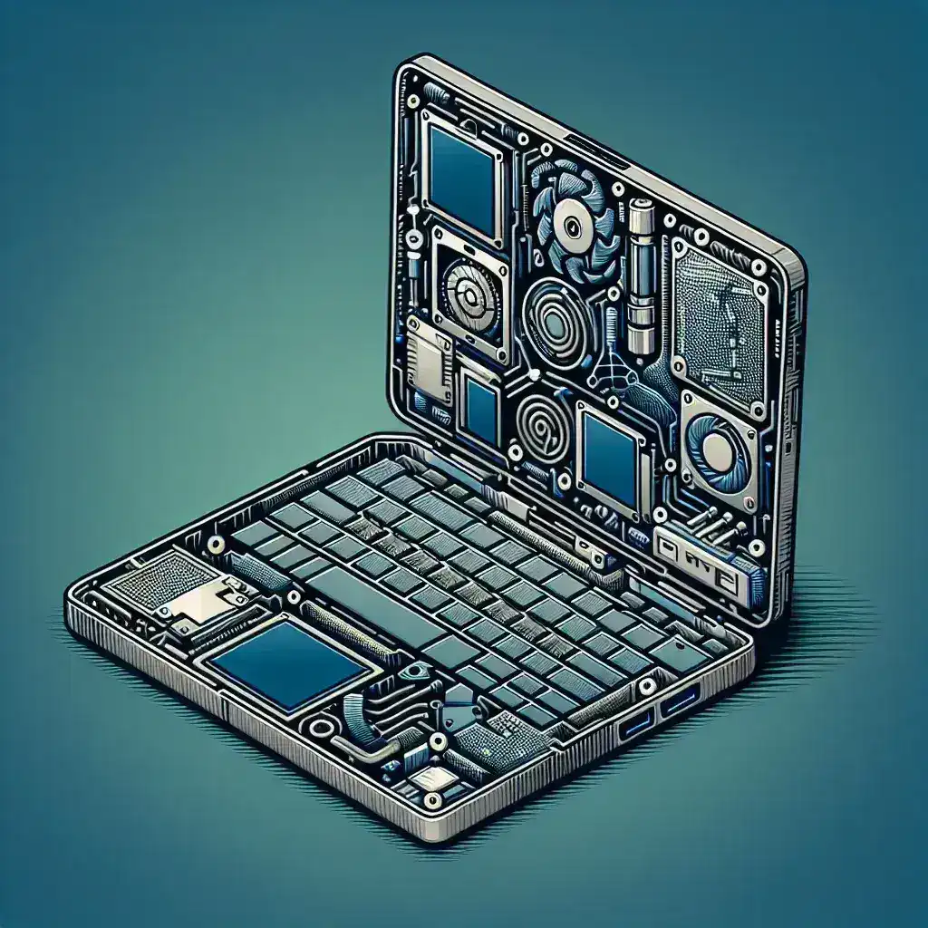 "Design inovador de laptop modular que destaca a estratégia sustentável para reduzir o lixo eletrônico, ilustrando componentes interconectáveis e eco-friendly."