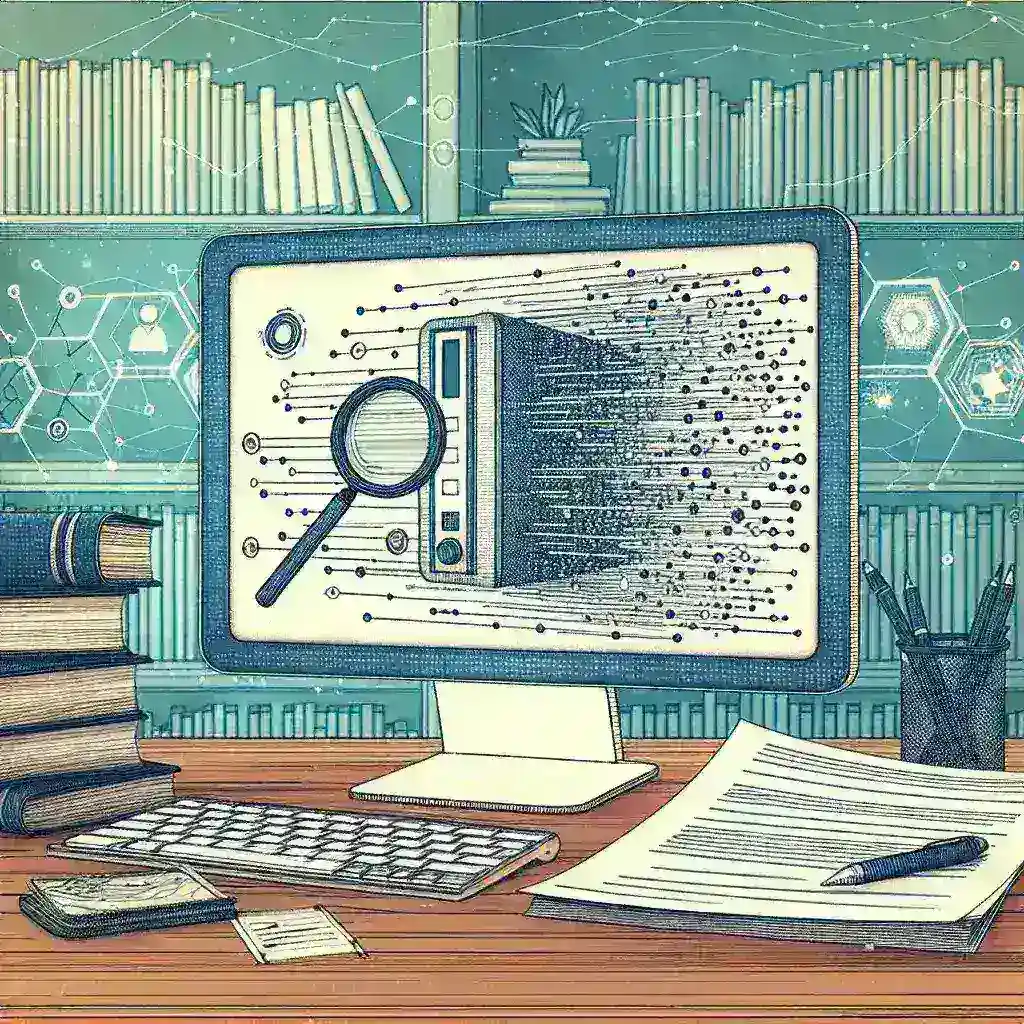 Alt text: "Imagem ilustrativa representando algoritmos de detecção de plágio acadêmico, mostrando códigos e gráficos que simbolizam a análise de textos e a proteção da originalidade acadêmica."