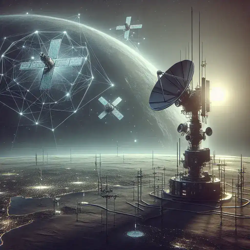 "Imagem ilustrativa de satélites em órbita se comunicando com estações terrestres, destacando como a tecnologia 6G pode revolucionar as operações de comunicação espacial."