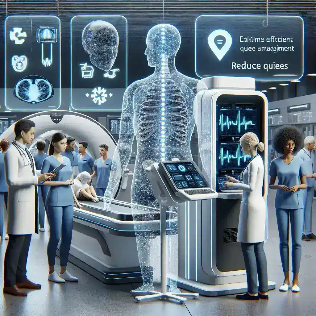 "Imagem de um profissional de saúde utilizando um novo sistema de inteligência artificial em um centro de diagnóstico por imagem, ilustrando como a tecnologia reduz filas e melhora a eficiência no atendimento médico."